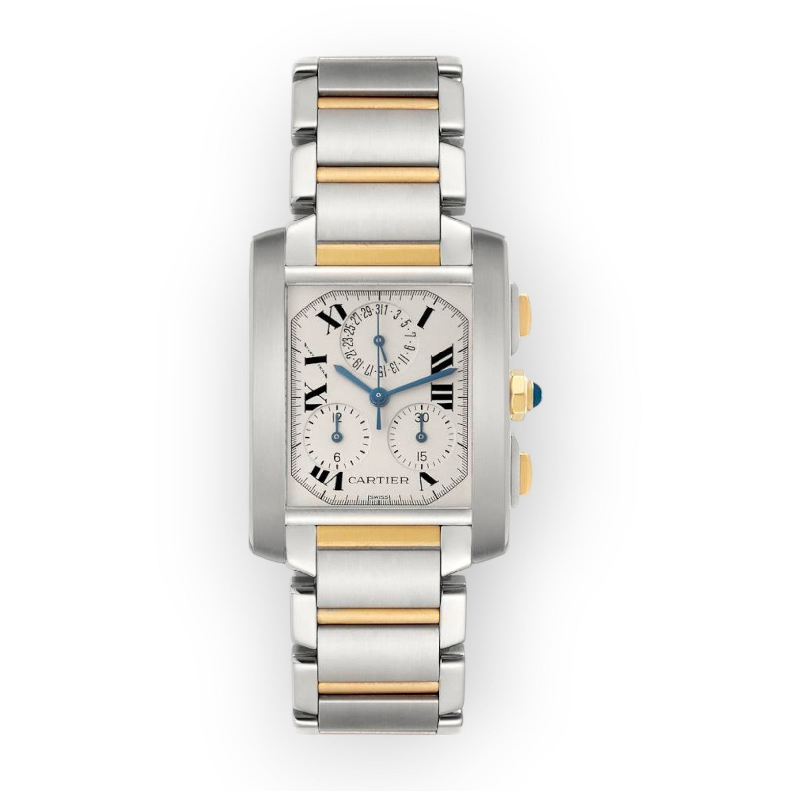 Pre-Owned-Cartier-Tank-Francaise-Chronograph-W51004Q4-28mm-White-Dial-With-Stainless-Steel-and-Yellow-Gold-Bracelet-JD-Watches-NY.jpg Cartier Tank Française Chronograph W51004Q4 28mm White Dial With Stainless Steel and Yellow Gold Bracelet - 图片 1