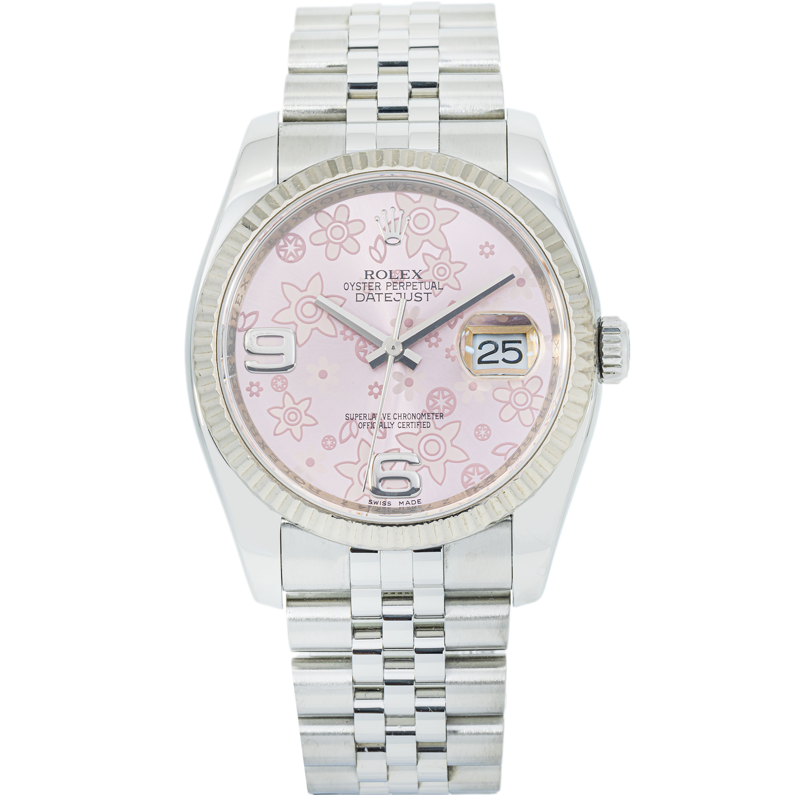 Pre-Owned-Rolex-Datejust-36-116234-Pink-Floral-Motif-Arabic-Dial-White-Gold-Fluted-Bezel-JD-Watches-NY.png Rolex Datejust 36 116234 – Pink Floral Motif Arabic Dial, White Gold Fluted Bezel - 图片 1