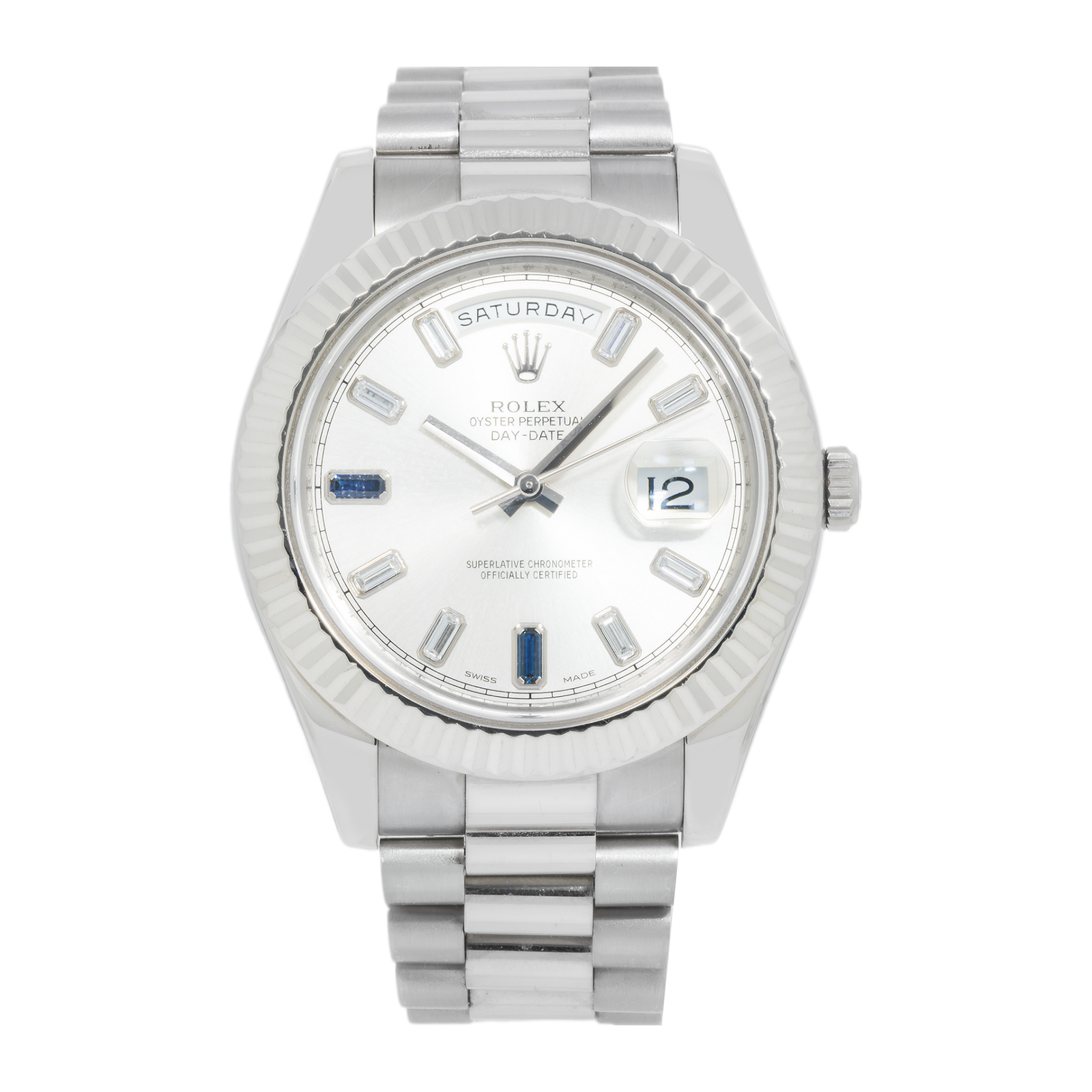 Pre-Owned-Rolex-Day-Date-II-White-Gold-Silver-Dial-with-Blue-Sapphire-Baguette-Markers-Ref_-218239-JD-Watches-NY.png Rolex Day-Date II – White Gold Silver Dial with Blue Sapphire & Baguette Markers Ref. 218239 - 图片 1