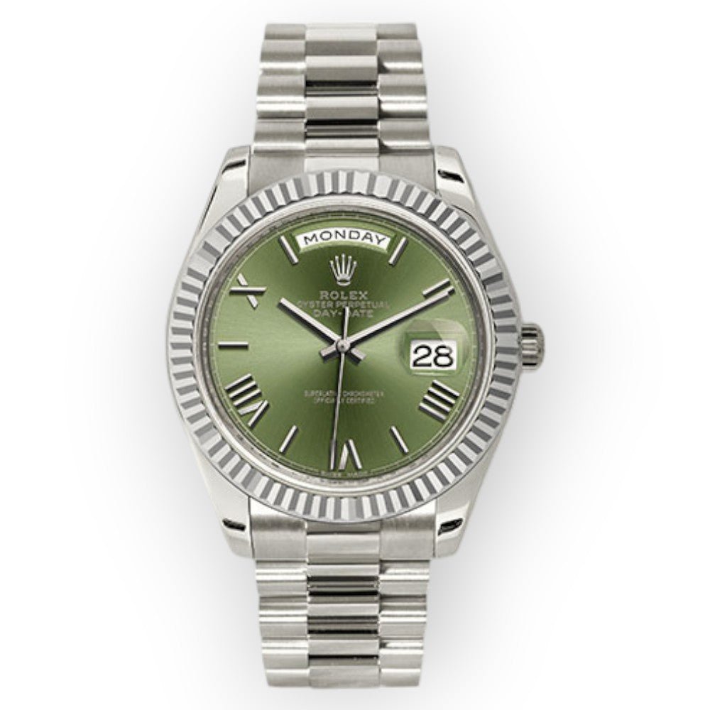 Pre-Owned-Rolex-White-Gold-Day-Date-40-Watch-Olive-Green-Roman-Dial-President-Bracelet-228239-JD-Watches-NY.jpg Rolex White Gold Day-Date 40 Watch Olive Green Roman Dial - President Bracelet 228239 - 图片 1