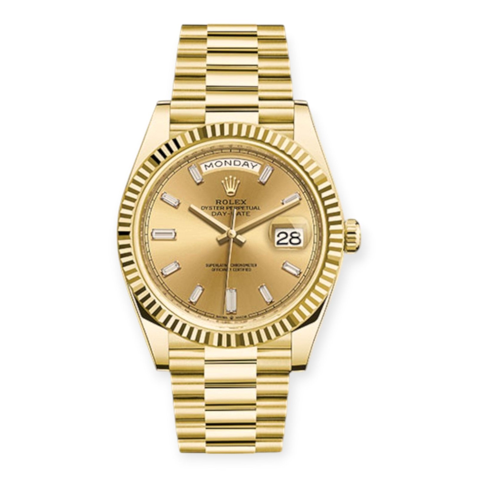 Pre-Owned-Rolex-Yellow-Gold-Day-Date-40-Watch-Champagne-Baguette-Diamond-Dial-President-Bracelet-JD-Watches-NY.jpg Rolex Yellow Gold Day-Date 40 Watch Champagne Baguette Diamond Dial - President Bracelet - 图片 1